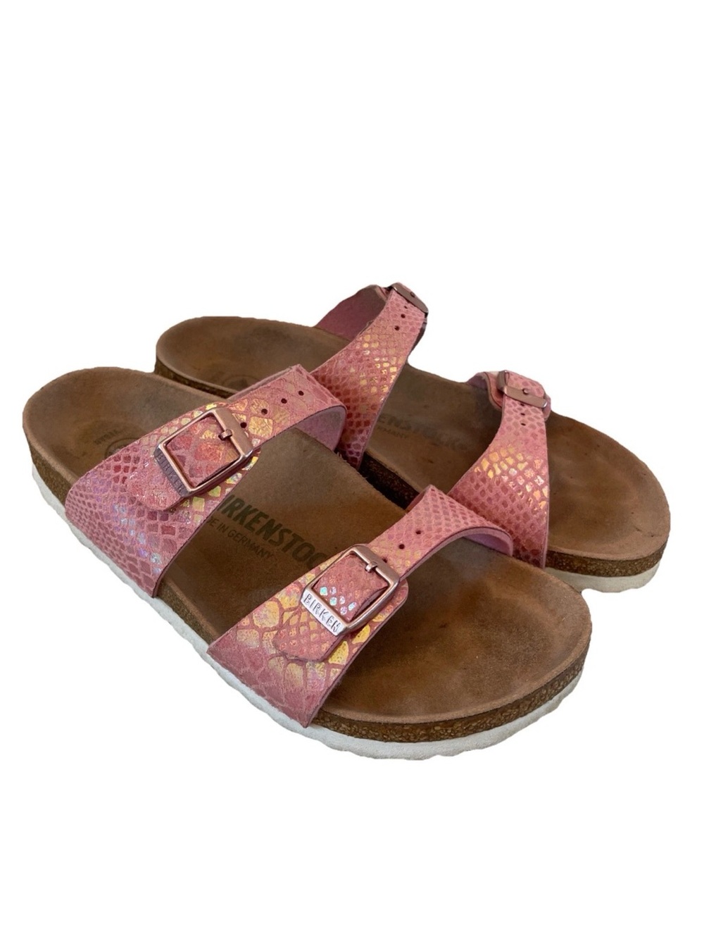 Birkenstock Sydney Shiny Snakeskin Print Pink Iridescent Sandals Size 36/US L5